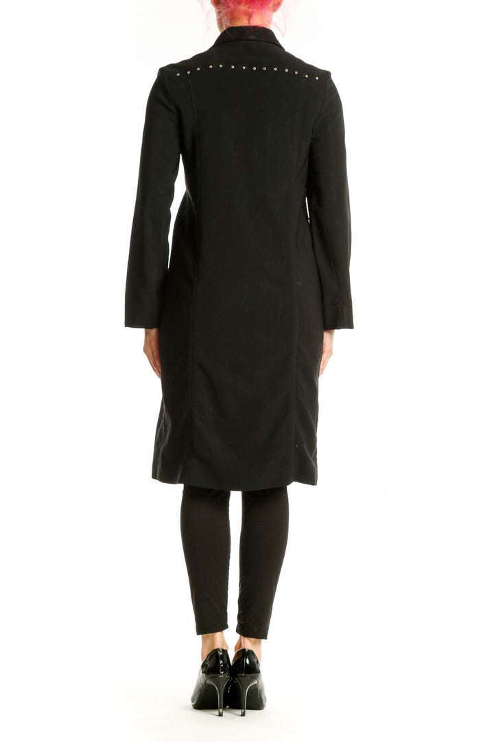 Black notch collar button-front coat dress by CYNTHIA Cynthia Steffe, back view showing functional pockets