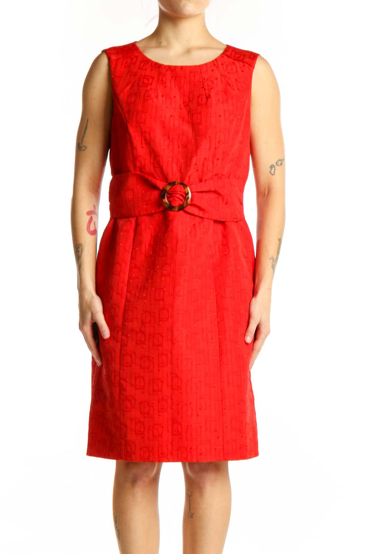 Red sleeveless belted A-line dress by Tahari with decorative gold buckle, front view