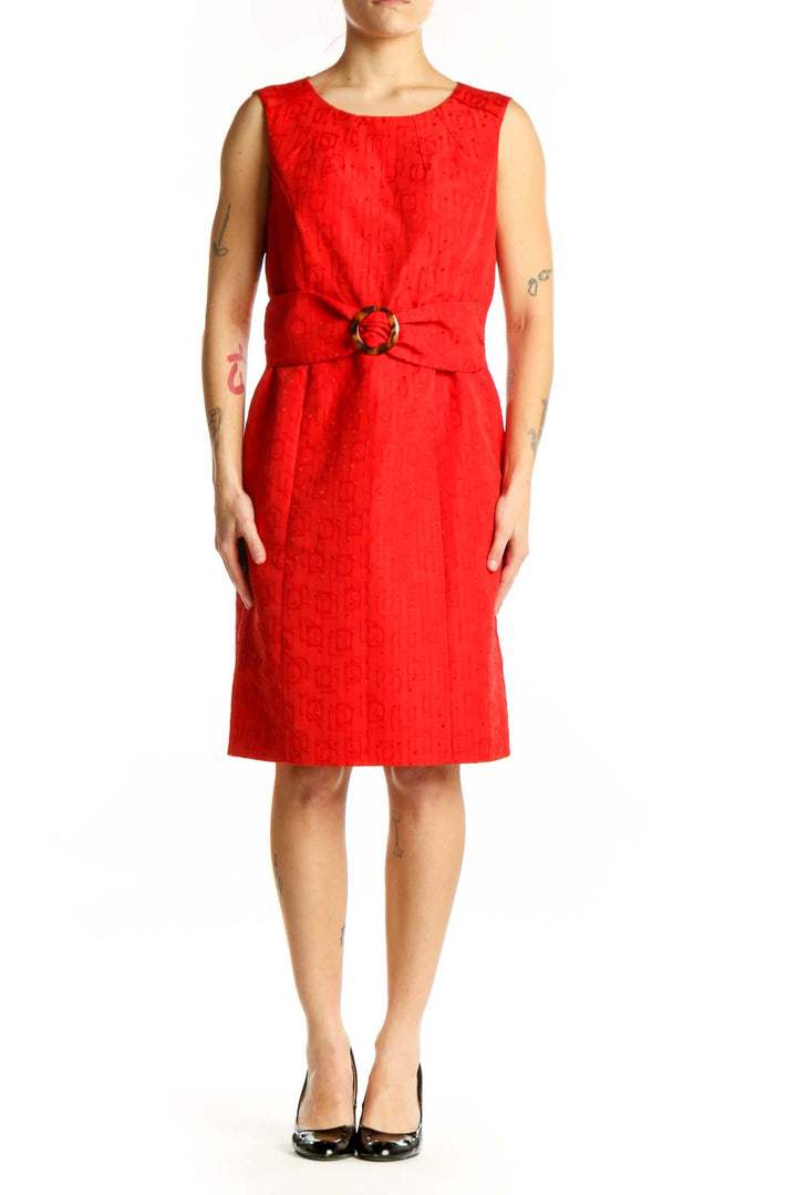 Red sleeveless belted A-line dress by Tahari with decorative gold buckle, front view