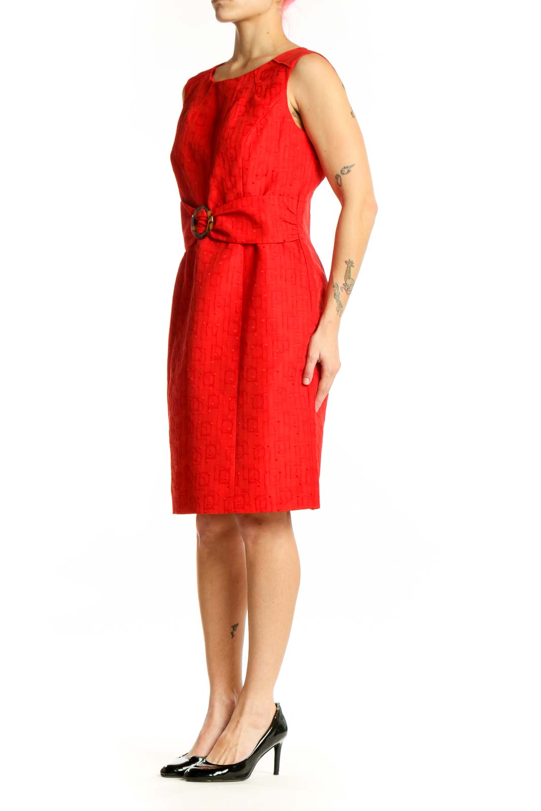 Red sleeveless belted A-line dress by Tahari with decorative gold buckle, front view