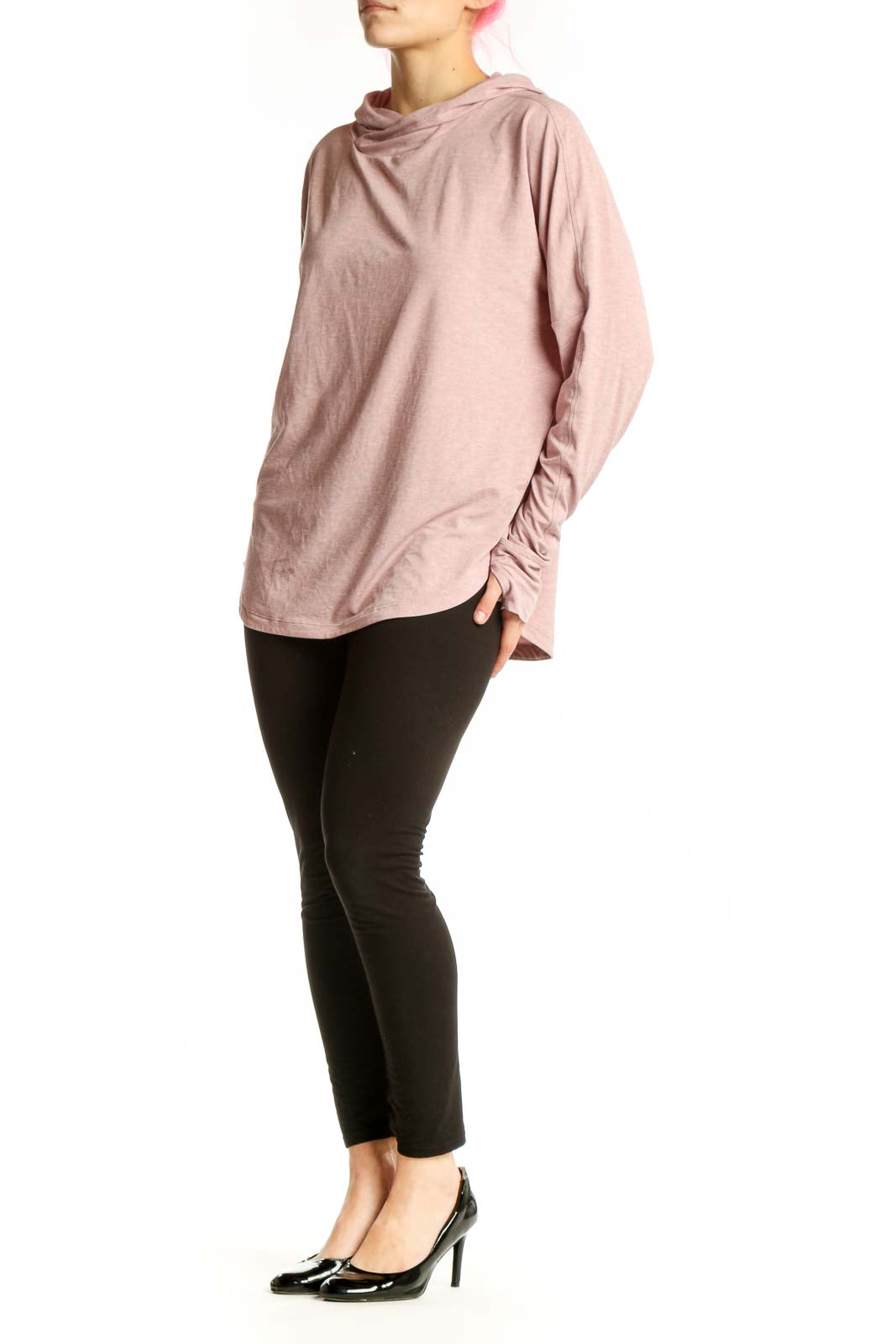 Pink hooded long sleeve activewear top by REI COOP, front view on model wearing black leggings