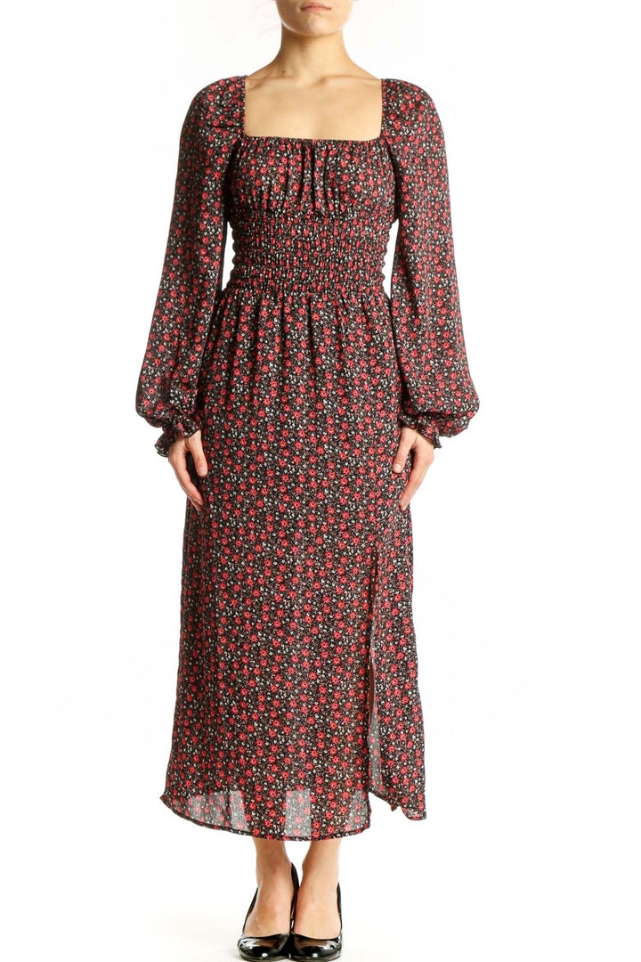 Burgundy floral long sleeve midi dress with square neckline and ruched bodice, front view
