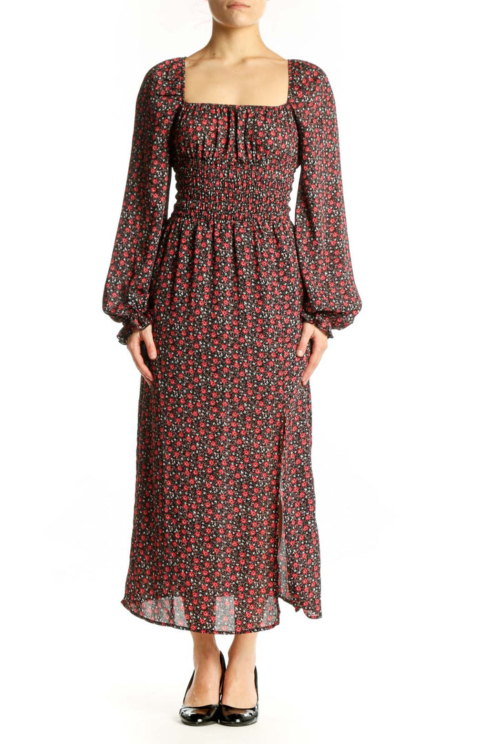 Burgundy floral long sleeve midi dress with square neckline and ruched bodice, front view