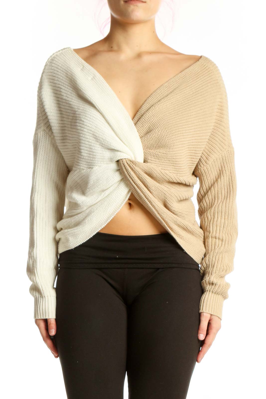 Cream ribbed knit wrap cardigan with front wrap detail and cropped silhouette