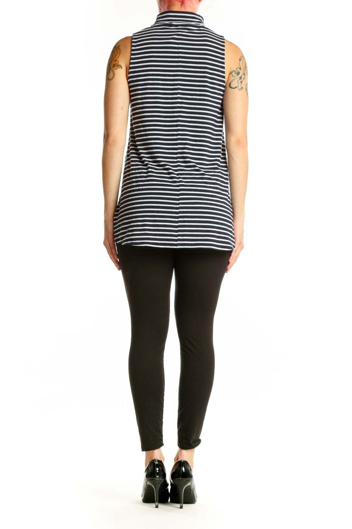 Navy and white striped Athleta turtleneck tank top back view showing sleeveless design