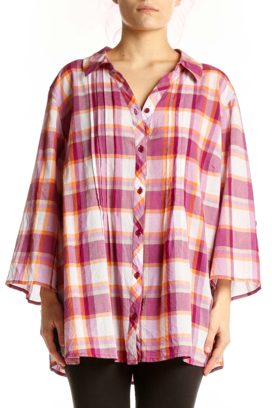 Pink and burgundy plaid cotton button-up shirt with three-quarter sleeves and classic collar, displayed on model
