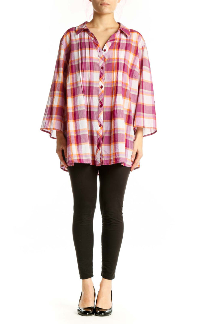 Pink and burgundy plaid cotton button-up shirt with three-quarter sleeves and classic collar, displayed on model