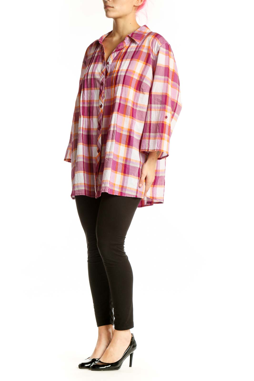 Pink and burgundy plaid cotton button-up shirt with three-quarter sleeves and classic collar, displayed on model