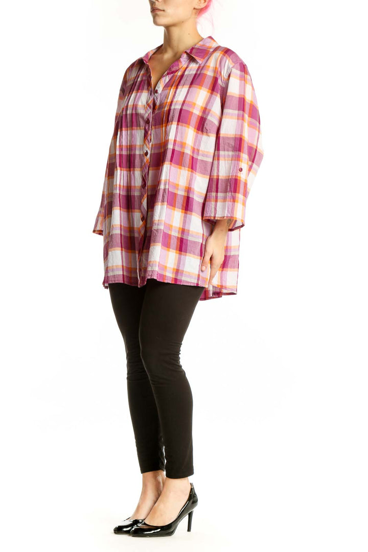 Pink and burgundy plaid cotton button-up shirt with three-quarter sleeves and classic collar, displayed on model