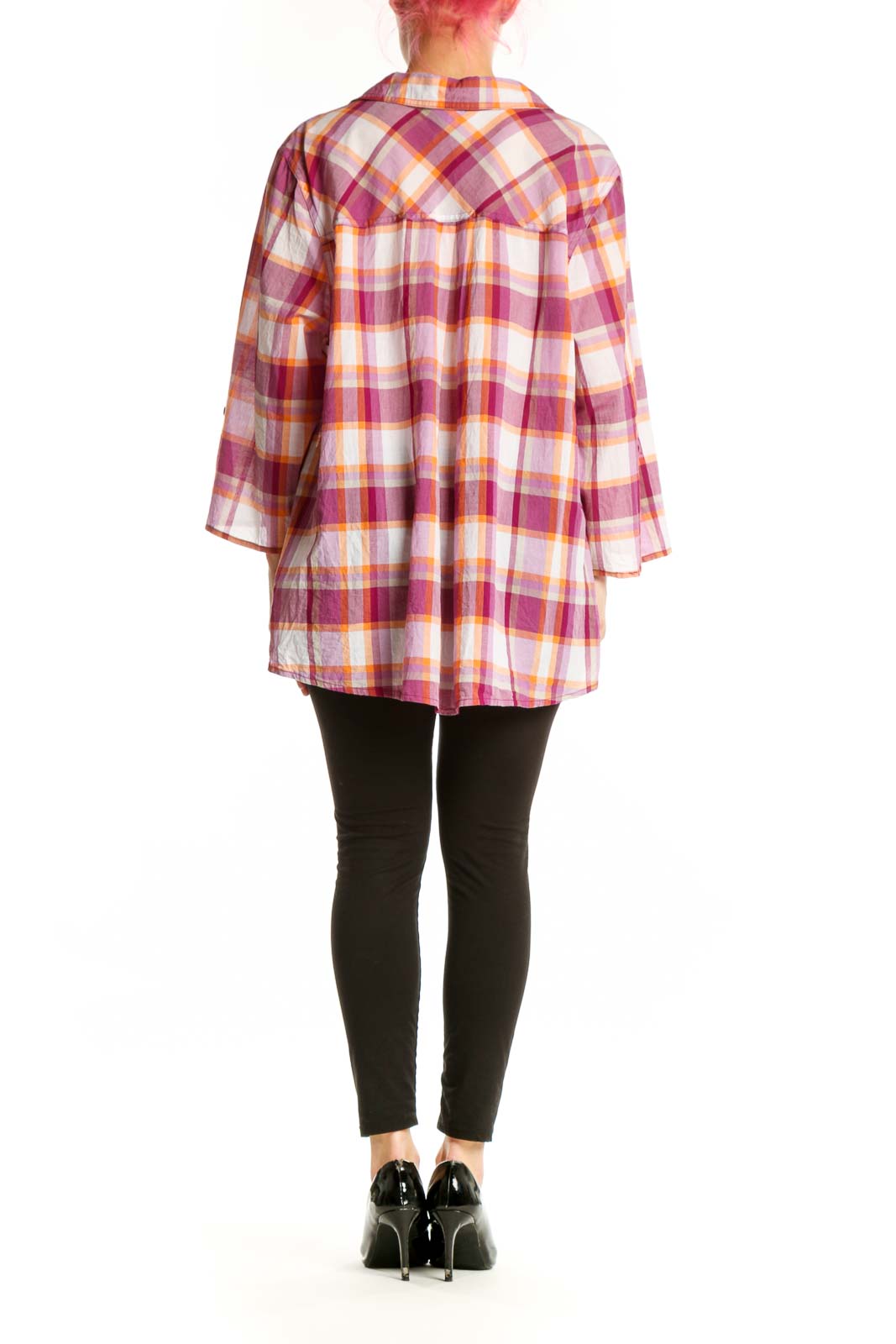 Back view of pink plaid cotton button-up shirt showing relaxed fit and button closure detail