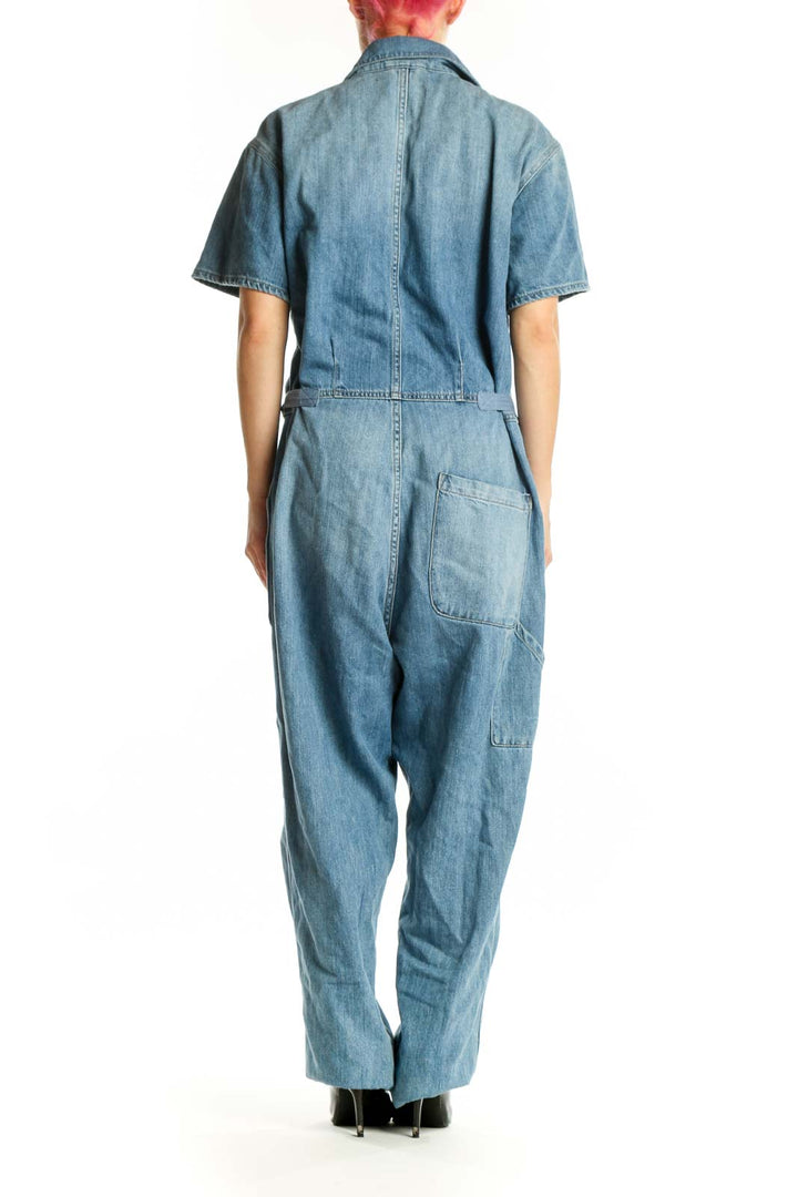 Pistola blue denim short sleeve jumpsuit with functional back pockets, back view