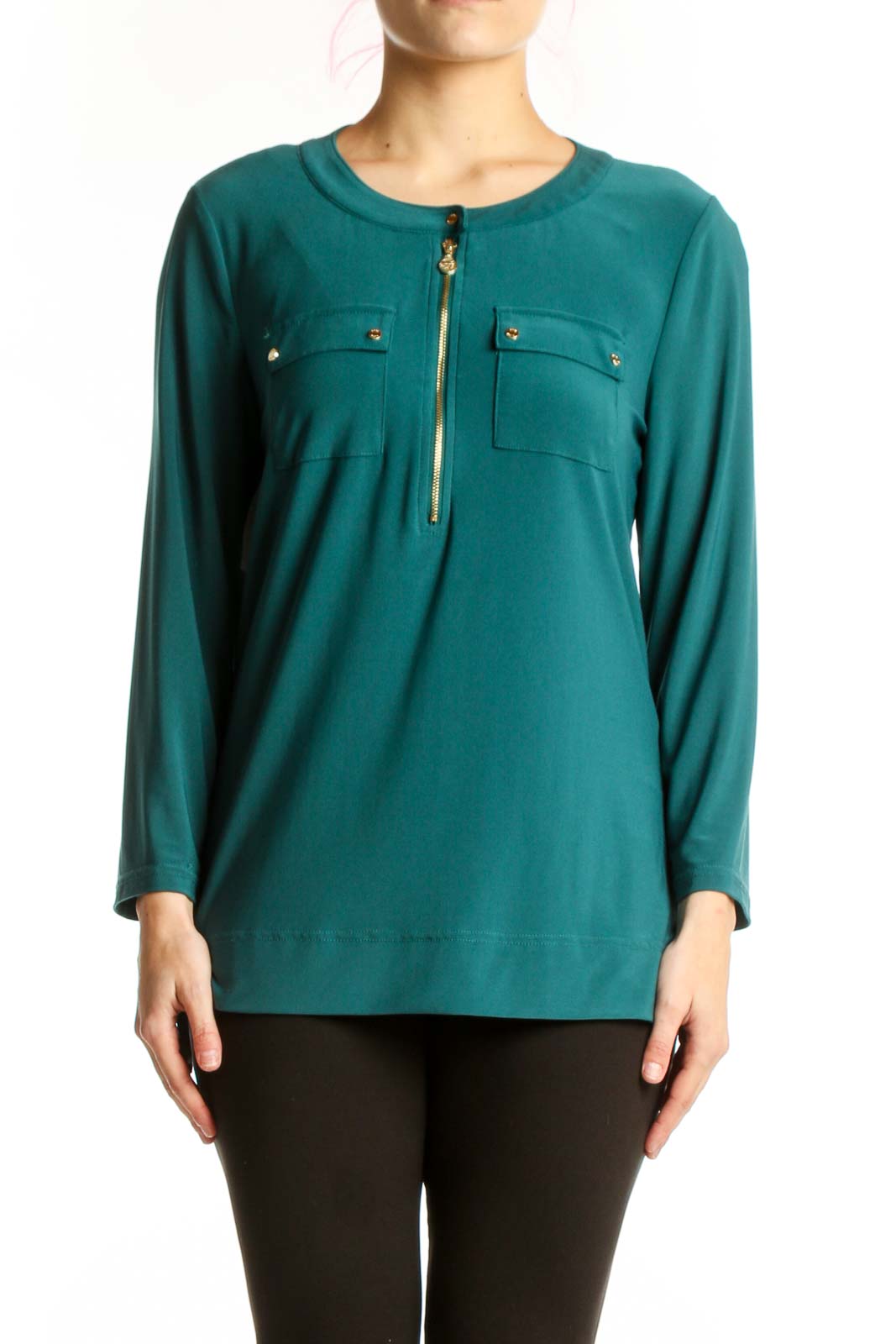 Anne Klein teal long sleeve henley top with chest pockets and gold hardware, front view