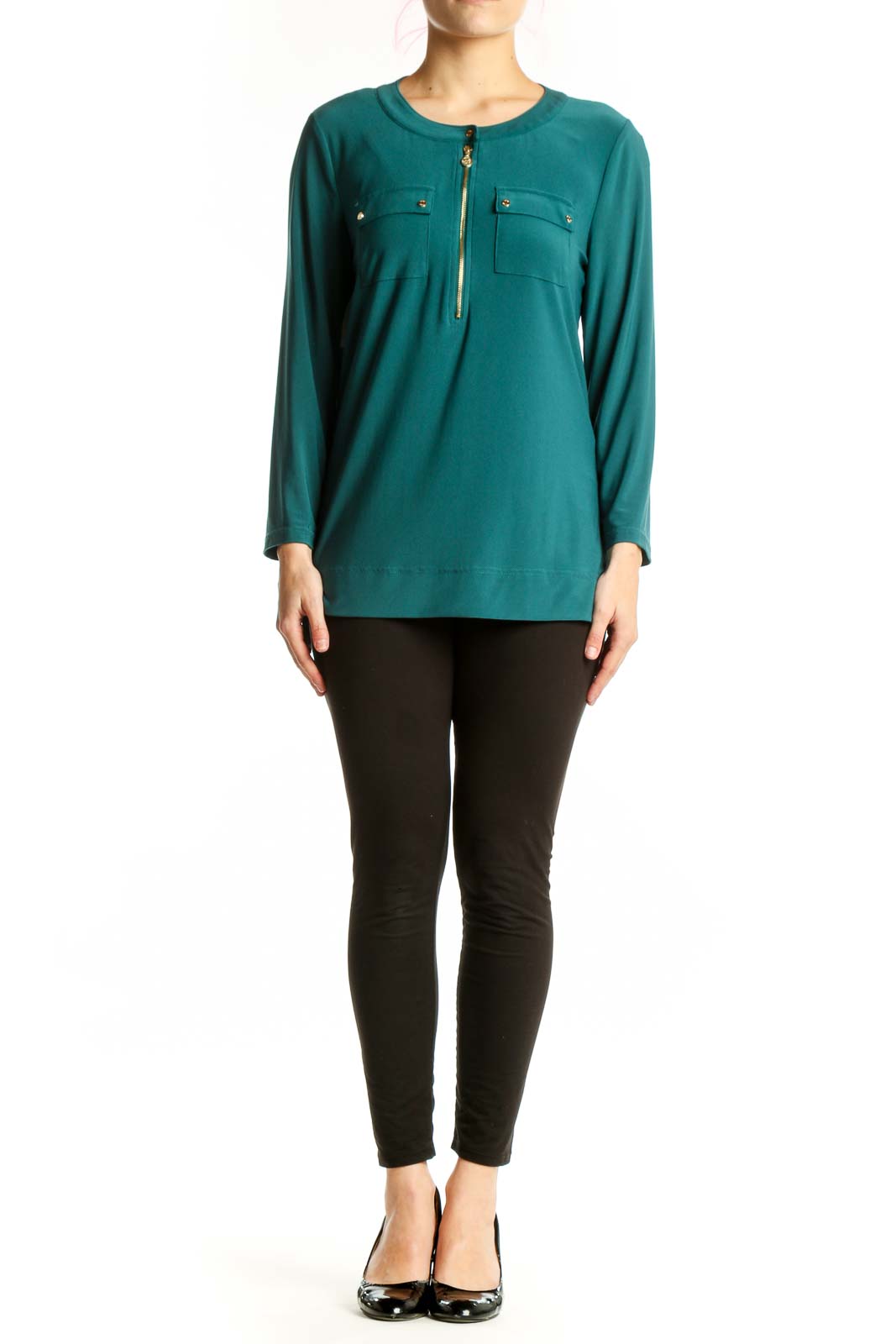 Anne Klein teal long sleeve henley top with chest pockets and gold hardware, front view