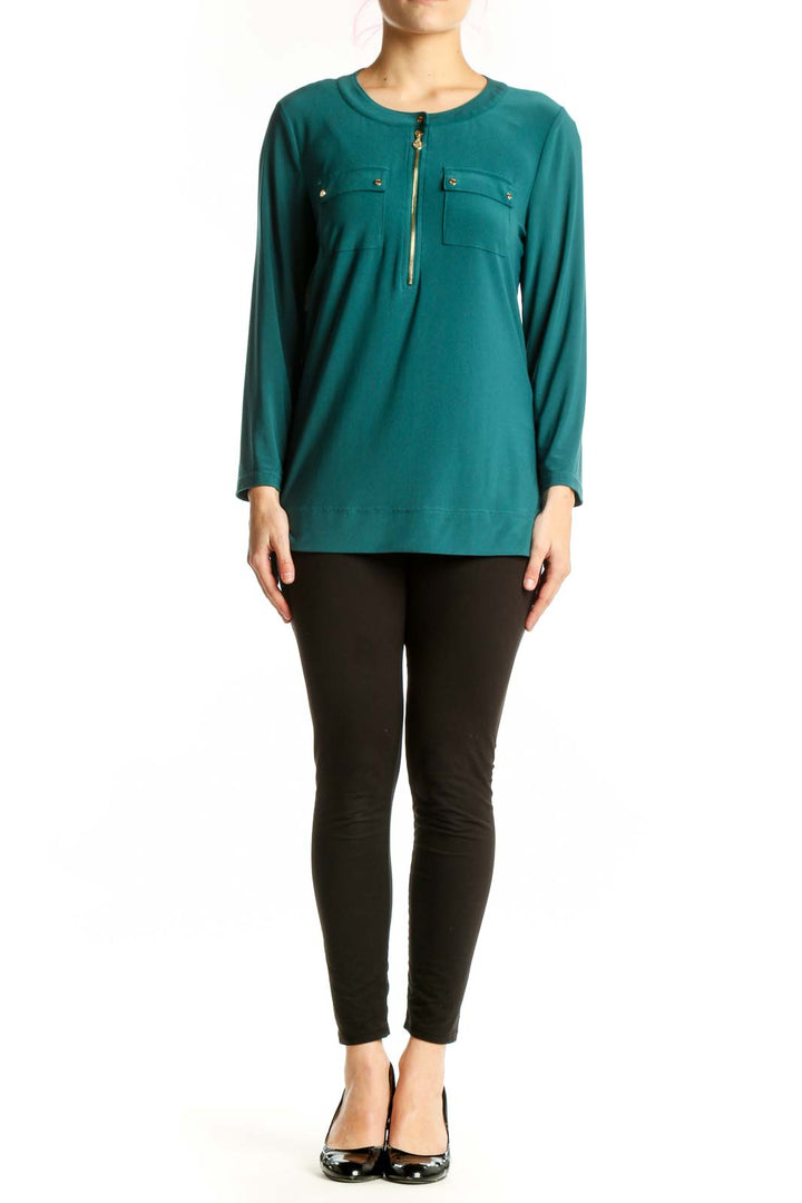 Anne Klein teal long sleeve henley top with chest pockets and gold hardware, front view