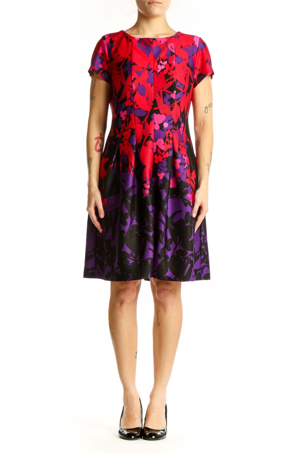Red floral abstract print fit-and-flare dress with ombre effect, short sleeves, and crew neckline