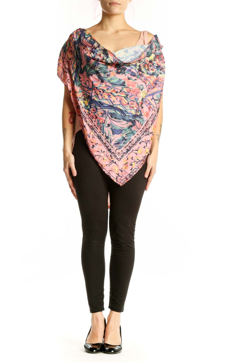 Free People pink floral paisley wrap top with draped cowl neckline and puffed sleeves, front view