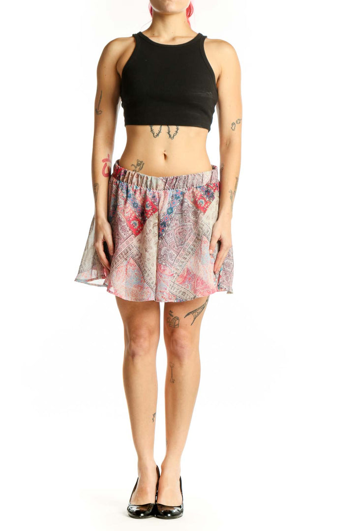 Multicolor floral paisley shorts with elastic waistband and side ties, front view