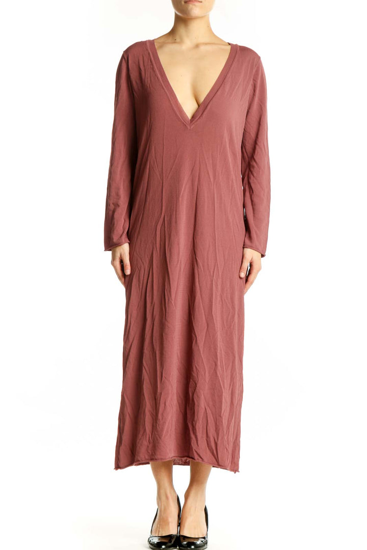 Burgundy V-neck midi dress with long sleeves and relaxed fit, front view