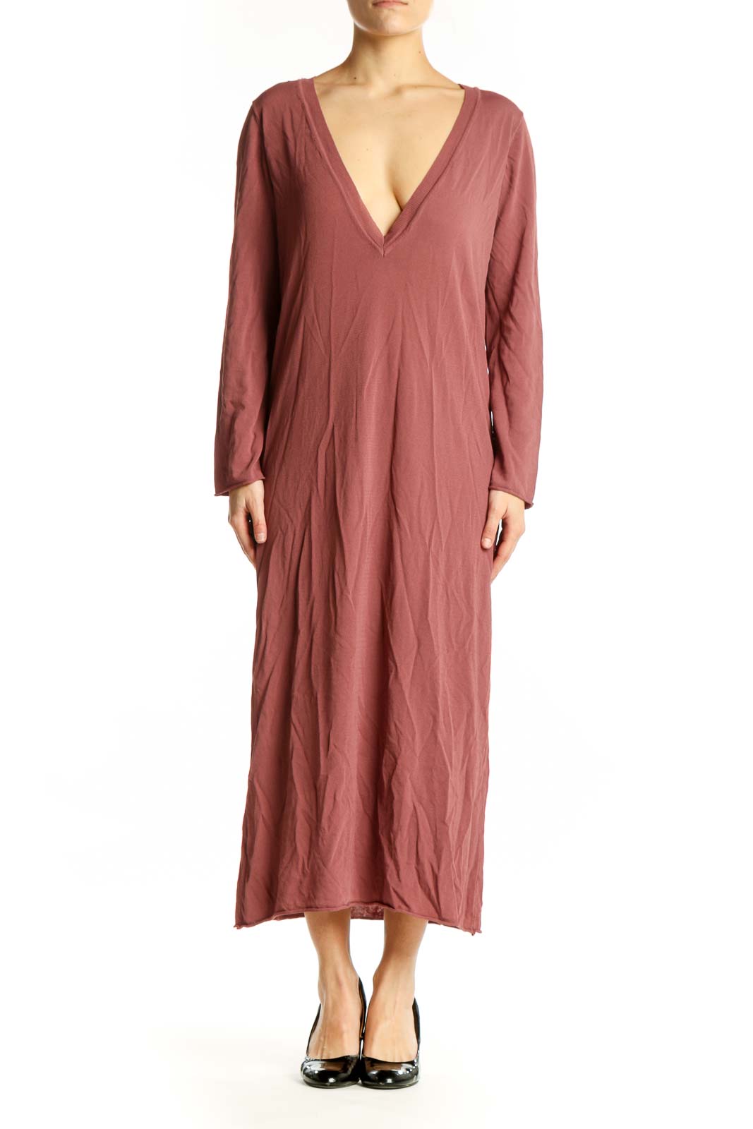 Burgundy V-neck midi dress with long sleeves and relaxed fit, front view
