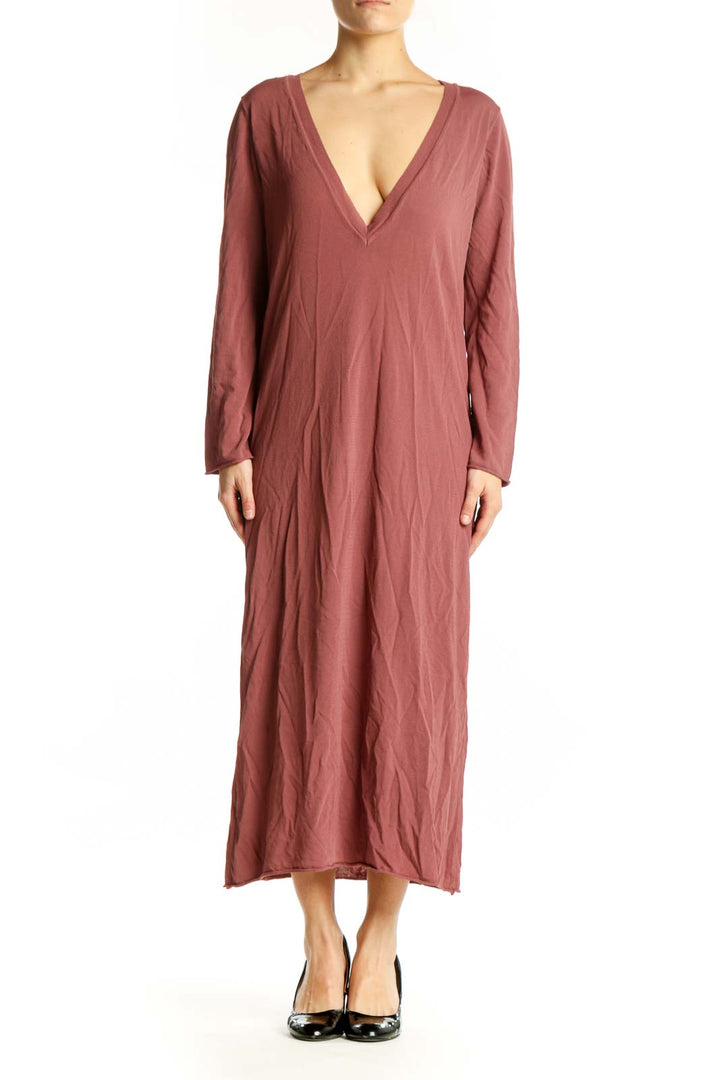 Burgundy V-neck midi dress with long sleeves and relaxed fit, front view