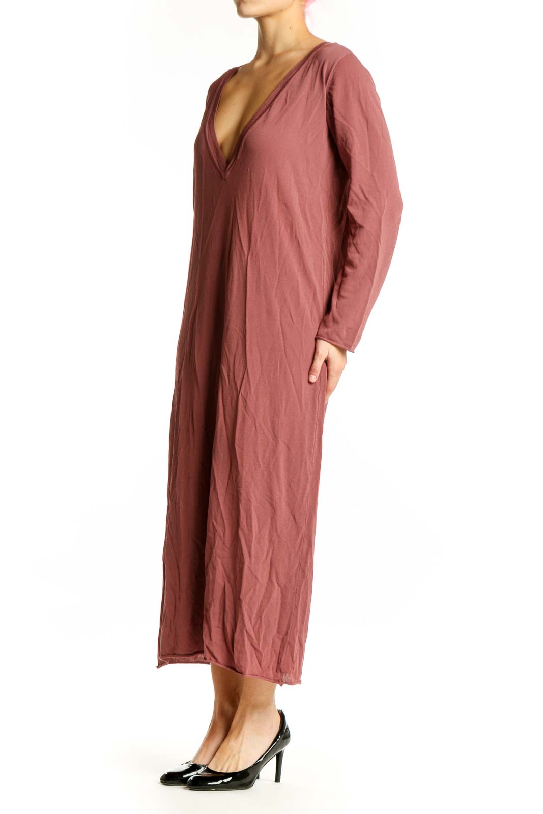 Burgundy V-neck midi dress with long sleeves and relaxed fit, front view