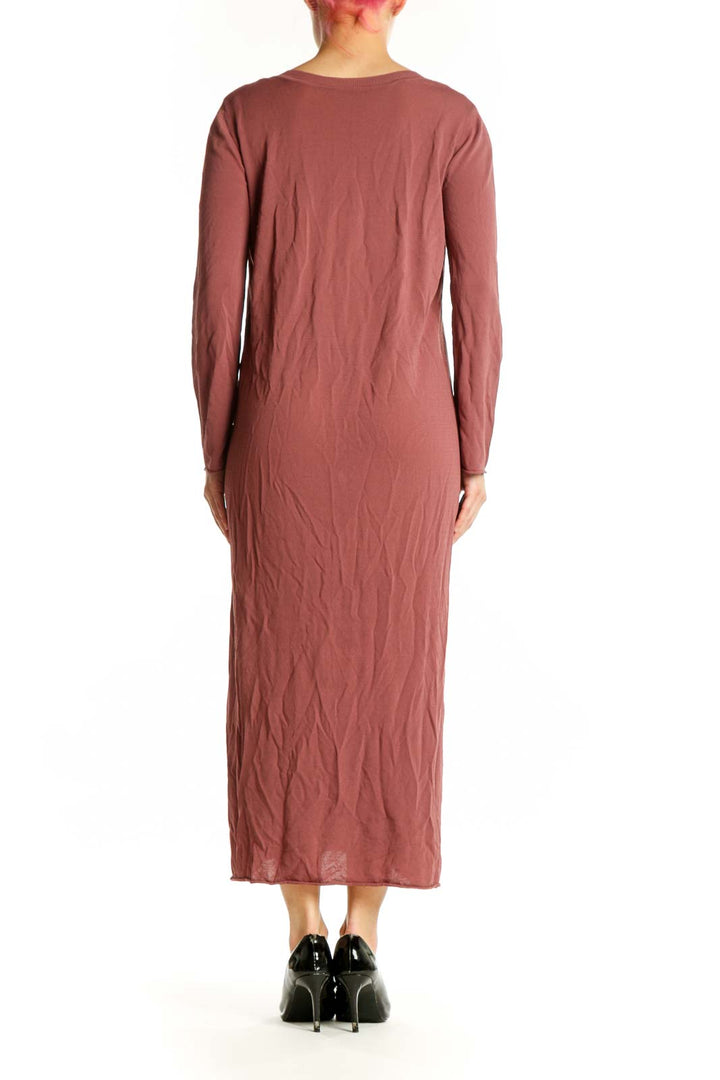 Burgundy V-neck midi dress with long sleeves and relaxed fit, back view