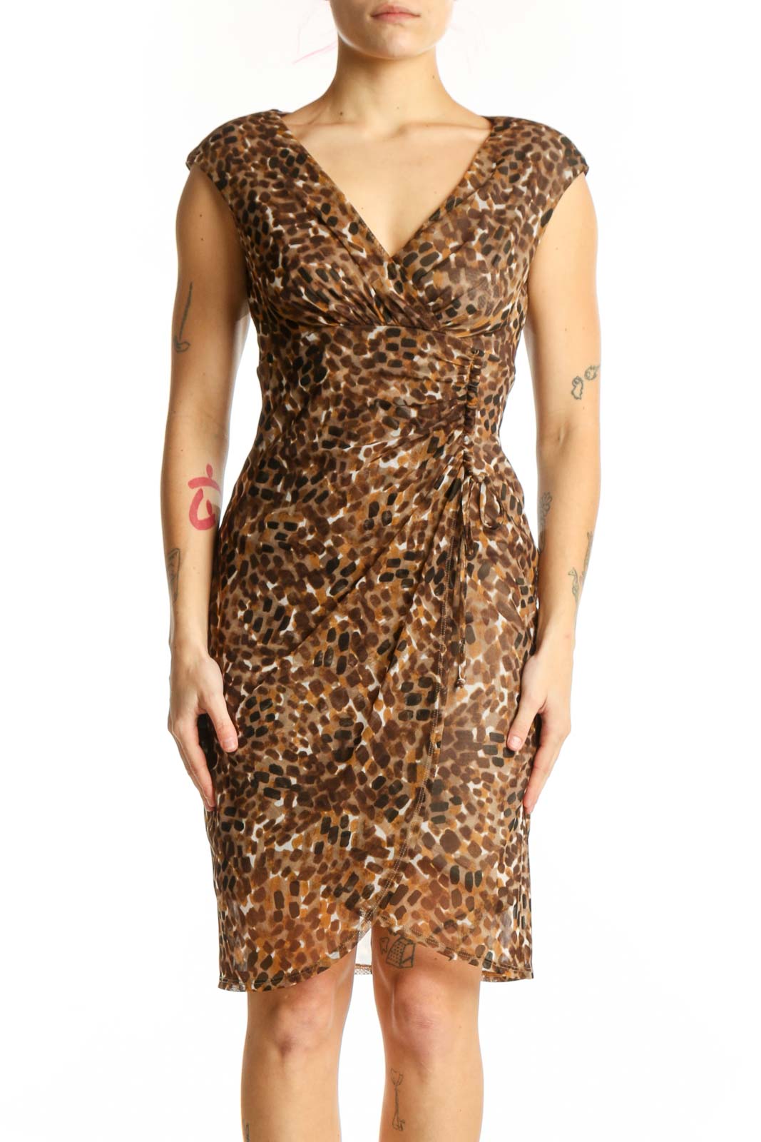 Brown leopard print wrap dress with V-neckline and cap sleeves, front view