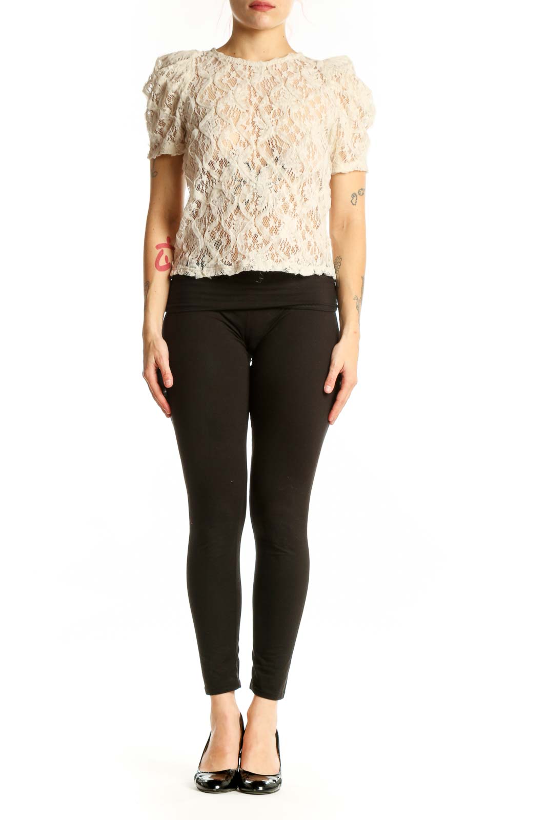 Cream lace puff sleeve top with all-over lace detailing and short puffed sleeves, front view