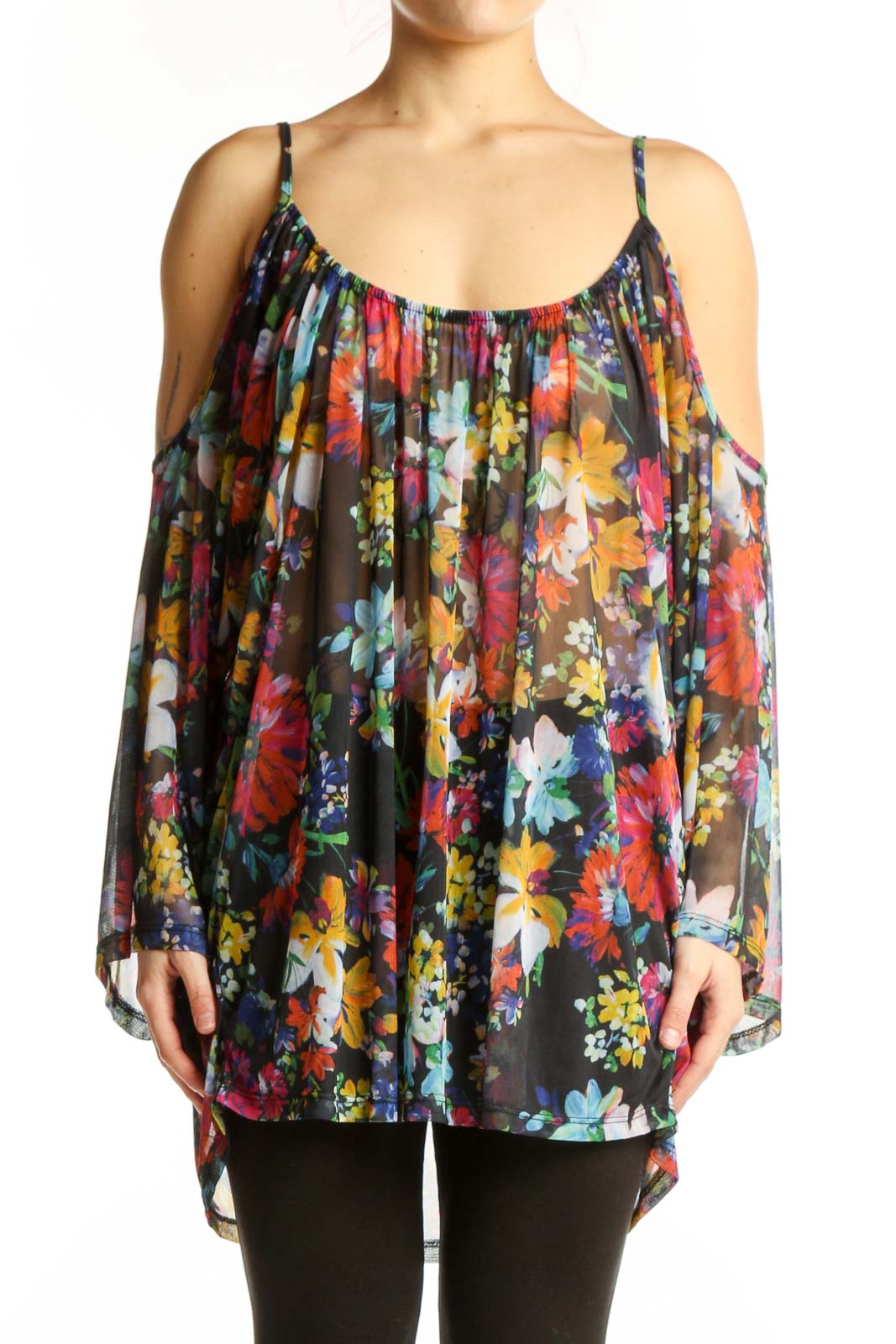 LA VERITE multicolor floral cold shoulder blouse with draped sleeves and gathered neckline, front view