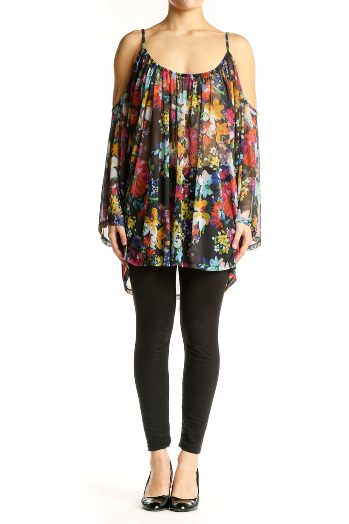 LA VERITE multicolor floral cold shoulder blouse with draped sleeves and gathered neckline, front view