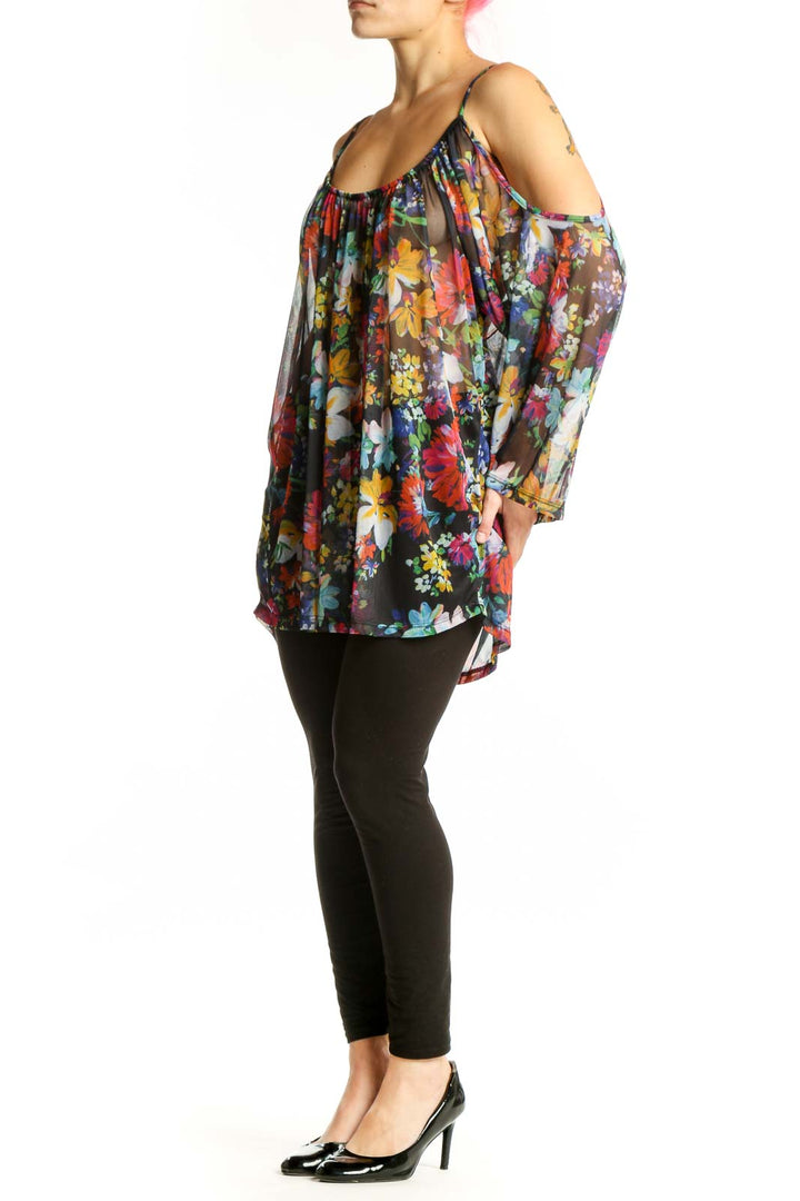 LA VERITE multicolor floral cold shoulder blouse with draped sleeves and gathered neckline, front view