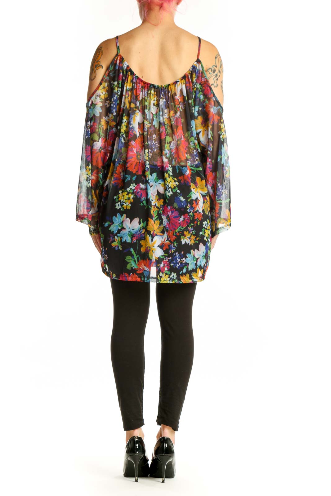 LA VERITE multicolor floral cold shoulder blouse with draped sleeves, back view