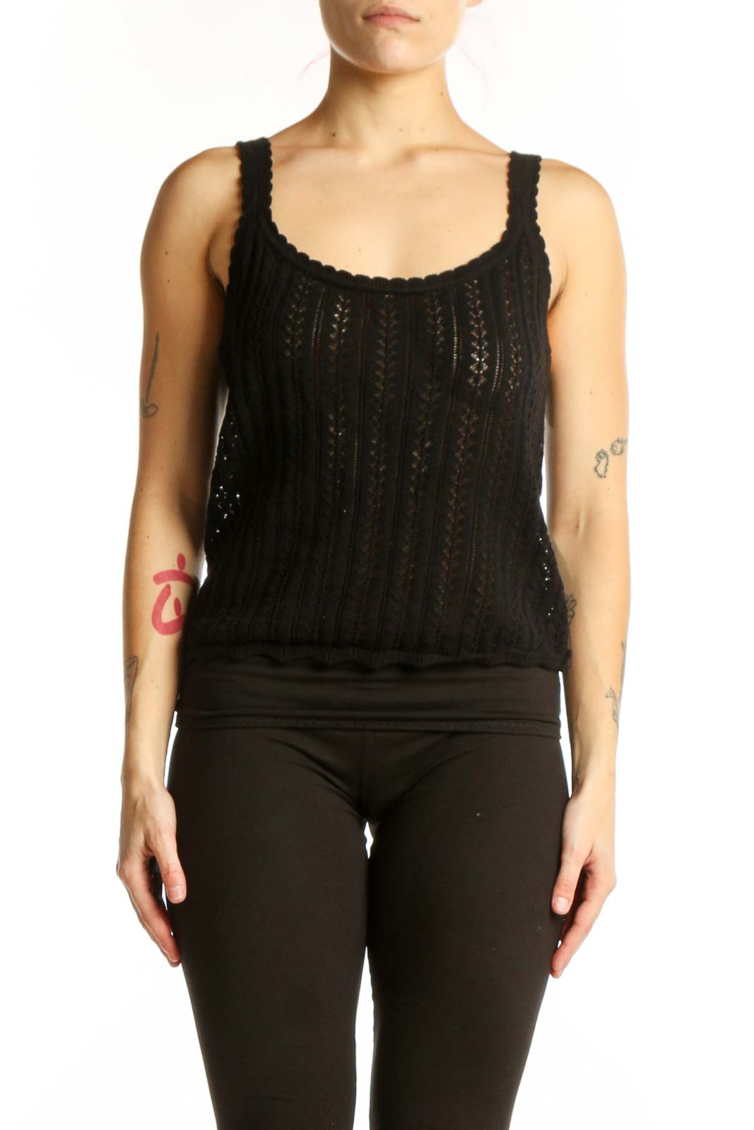 Black cotton knit tank top with openwork detailing and scoop neckline, front view