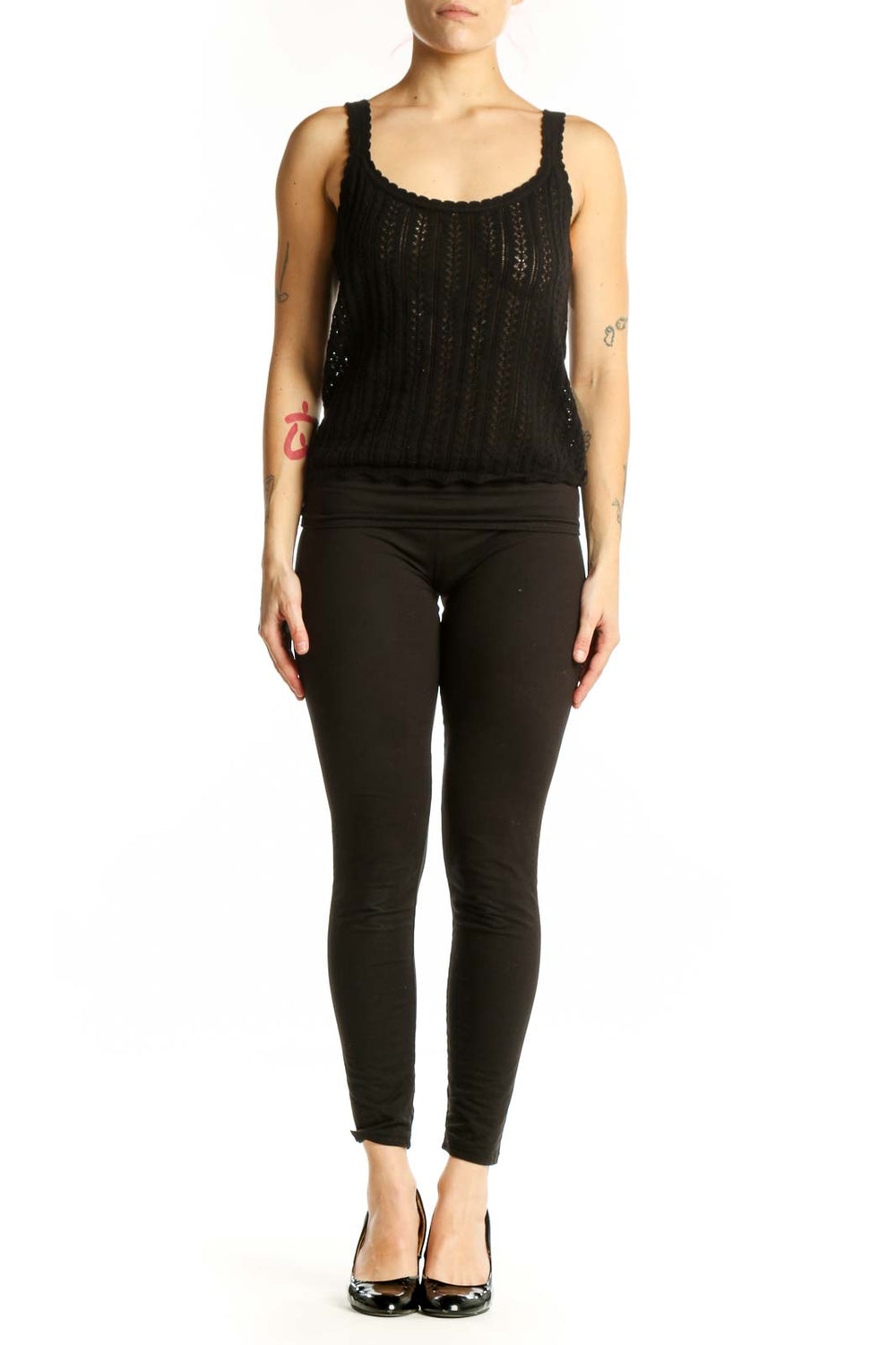 Black cotton knit tank top with openwork detailing and scoop neckline, front view