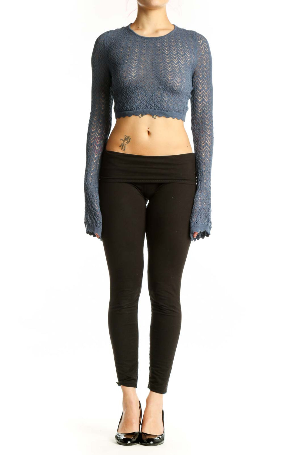 Blue cropped knit sweater with chevron pattern and lace trim, front view