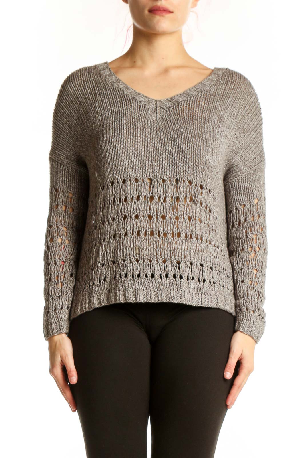 Gray knit V-neck pullover sweater with open knit pattern detail, front view