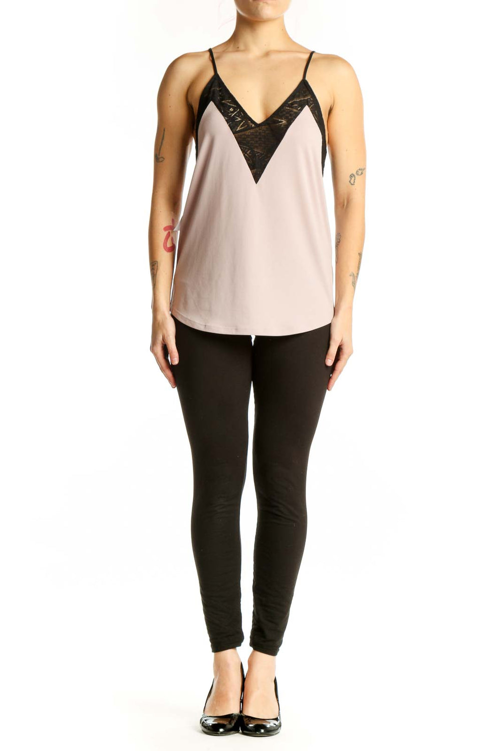 Cream and black lace V-neck camisole top by Express, front view showing color-block design and delicate lace detailing