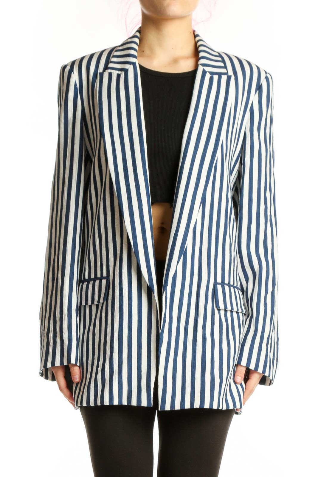 Navy and white striped Zara blazer with notch lapels and front pockets, worn with black top