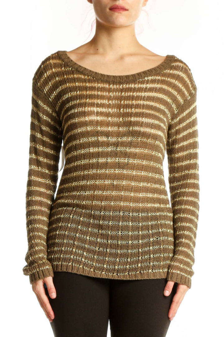 Gold and cream striped metallic knit pullover with long sleeves and crew neckline, front view