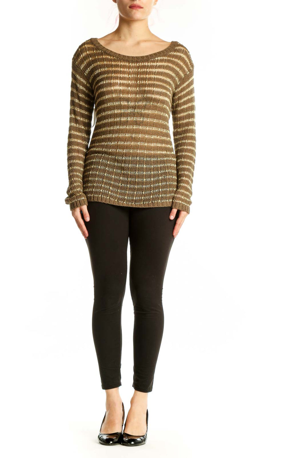 Gold and cream striped metallic knit pullover with long sleeves and crew neckline, front view