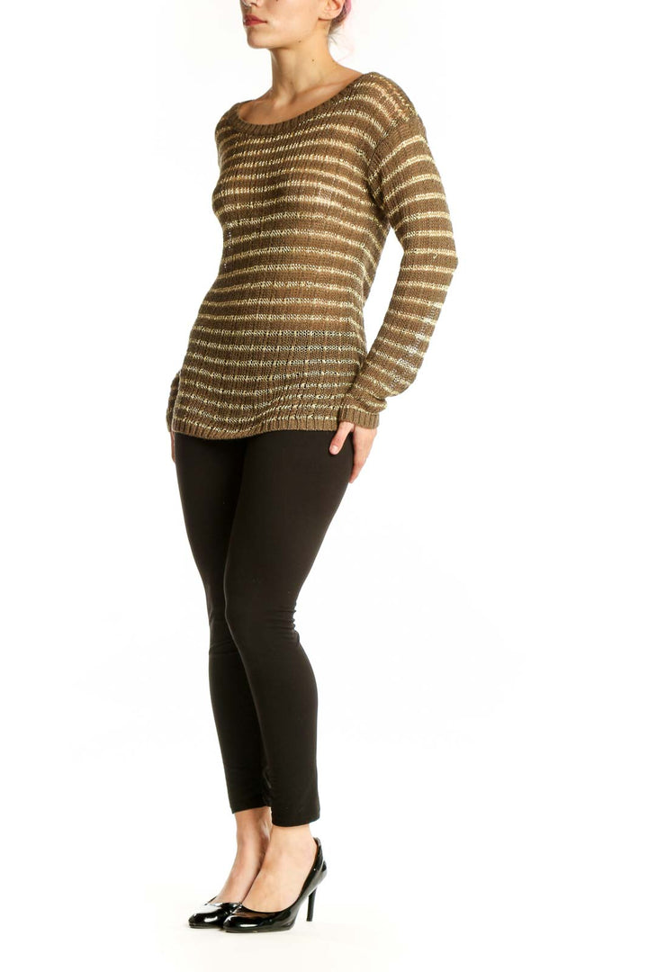 Gold and cream striped metallic knit pullover with long sleeves and crew neckline, front view
