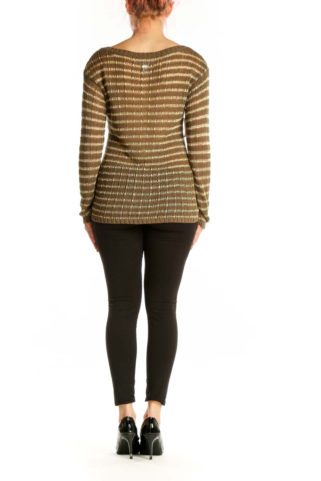 Gold and cream striped metallic knit pullover with long sleeves, back view