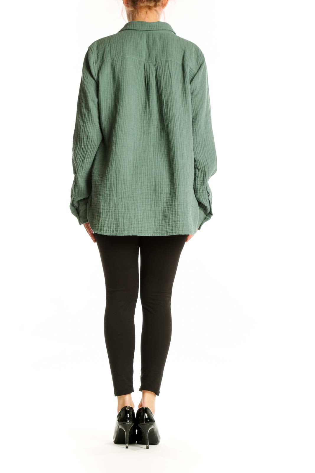 Sage green cotton button-up shirt back view showing relaxed fit and long sleeves