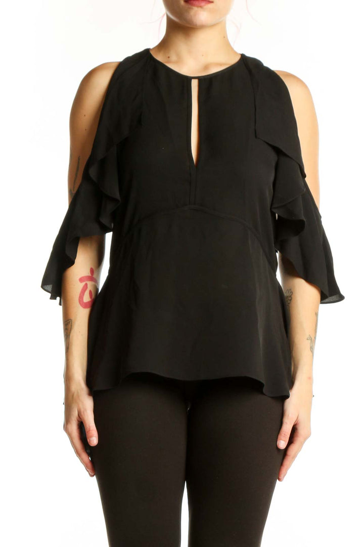 Black silk cold shoulder top with ruffled sleeves and keyhole neckline by Theory, front view