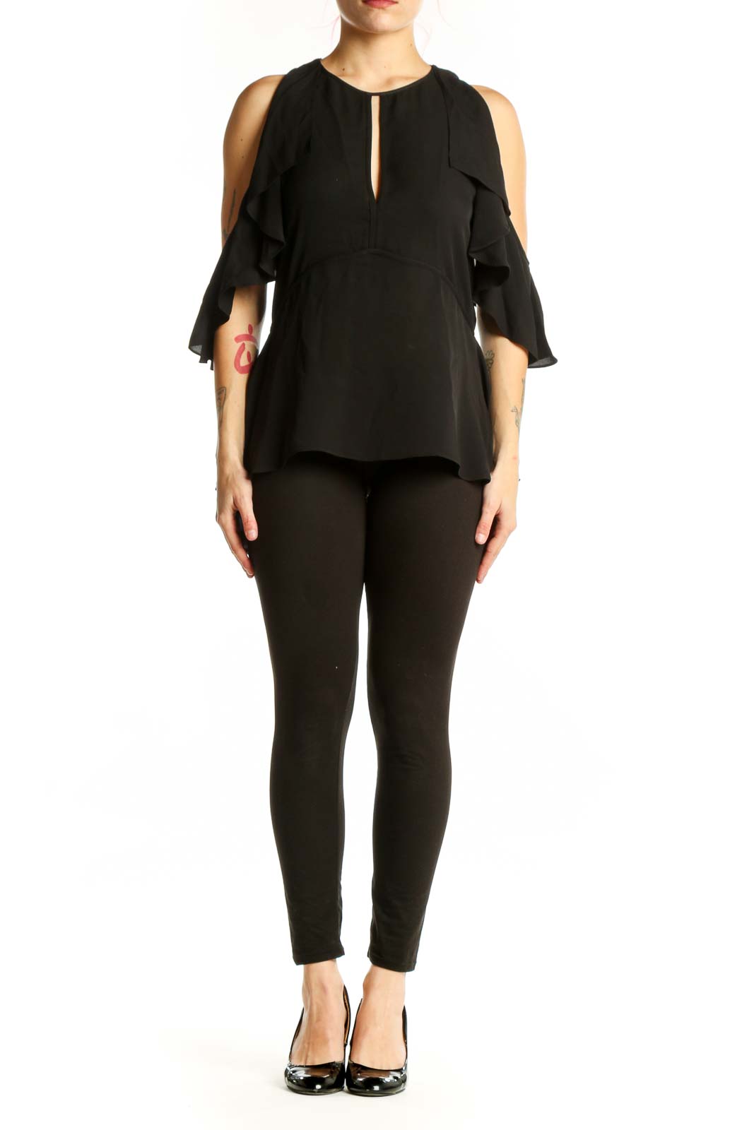 Black silk cold shoulder top with ruffled sleeves and keyhole neckline by Theory, front view