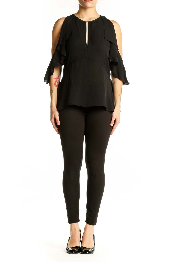 Black silk cold shoulder top with ruffled sleeves and keyhole neckline by Theory, front view