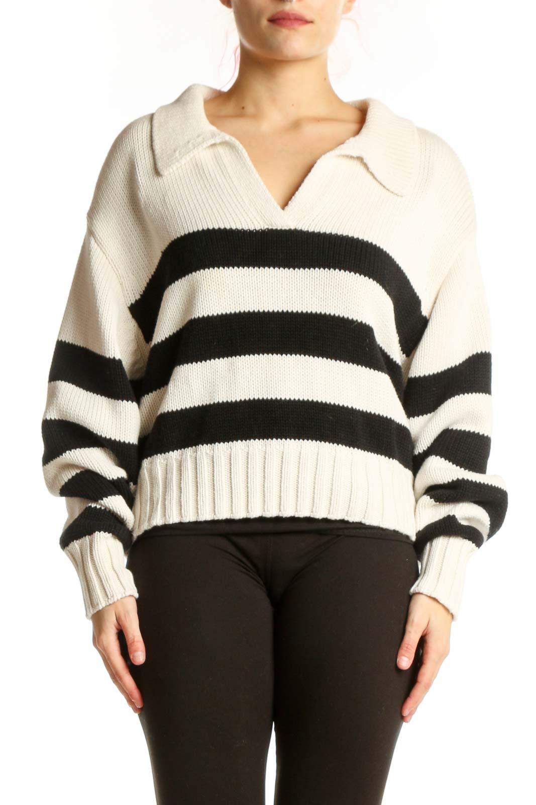 Cream and black striped knit pullover with collared neckline and relaxed fit, front view