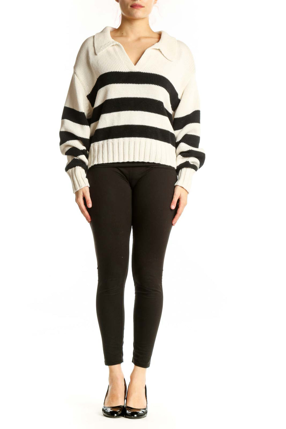 Cream and black striped knit pullover with collared neckline and relaxed fit, front view