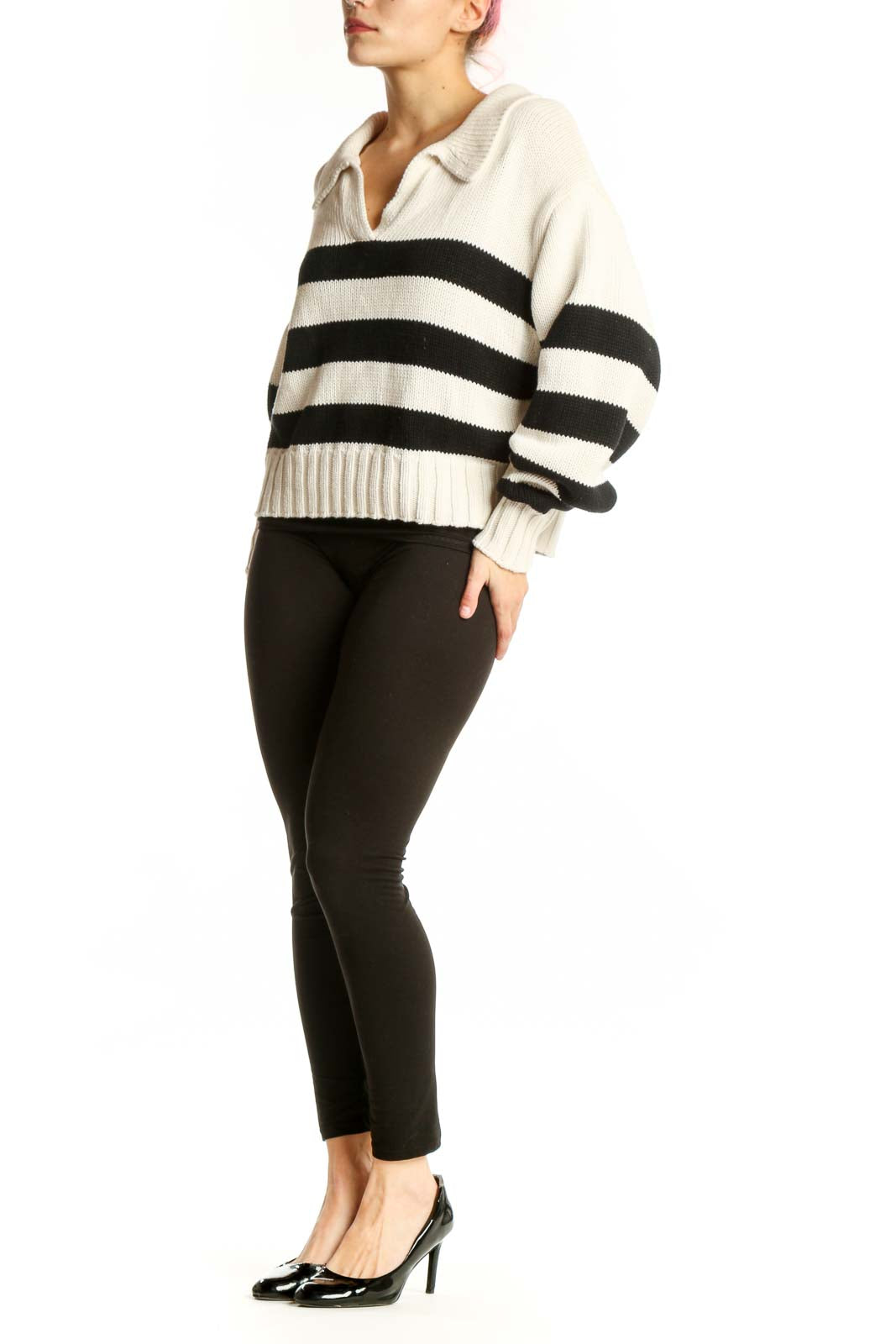 Cream and black striped knit pullover with collared neckline and relaxed fit, front view