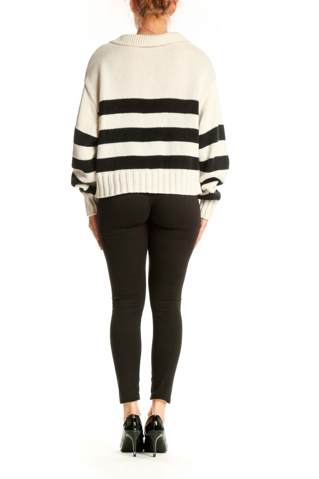 Cream and black striped knit pullover with collared neckline and relaxed fit, back view
